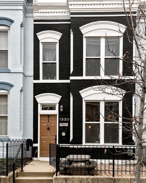 Painted Brick Exteriors: Pros and Cons – The Informed Birth Painted Brick Row House, Painted Brick House Exterior Dark, Brick Townhouse Exterior, Black Painted Brick, Black Brick House, Brick Staining, Brick Exteriors, Terrace House Exterior, Ny House