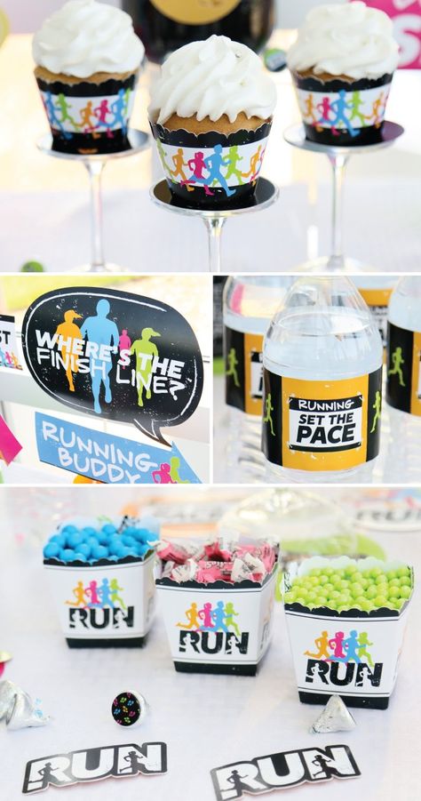 Running Party Ideas - Marthon Party Decorations for Track, Cross County or Hobby Runners from BigDotOfHappiness.com Fitness Party Theme Ideas, Running Party Ideas, Running Birthday Party, Xc Banquet Ideas, Marathon Party Theme, Olympics Birthday Party For Kids, Quick Football Food, Birthday Decorations For Mom, Running Themed Party