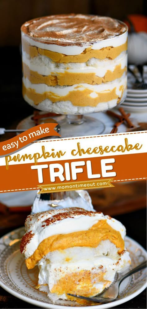 Pumpkin Cheesecake Trifle, Cheesecake Whipped Cream, Angel Food Cake Trifle, Dessert For Thanksgiving, Trifle Bowl Recipes, Pumpkin Trifle, Cheesecake Trifle, Mom On Timeout, Pumpkin Cheesecake Recipes