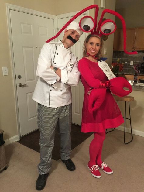 Lobster and chef couples Halloween costume Chef Costume Diy, Lobster Costume Diy, Diy Lobster Costume, Swedish Chef Costume, Chef Halloween Costume, Abc Costume, Shrimp Costume, Sebastian Costume, Abc Costumes