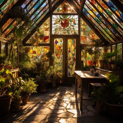 Fairycore House Aesthetic, Glass Garden Room, Stained Glass Window In House, Garden Conservatory Ideas, Green House Interior Design, Solar Punk Room, Nature Themed House, Whimsical Sunroom, Colorful Greenhouse