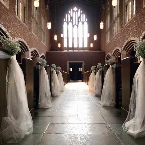 Tulle Down The Aisle, Pew Markers For Wedding, Pew Tulle Decorations Wedding, Tulle On Pews For Wedding, Hydrangea Pew Ends, Pew Bows Wedding Tulle, Aisle Florals, Baby’s Breath On Church Pew, Tulle Decorations