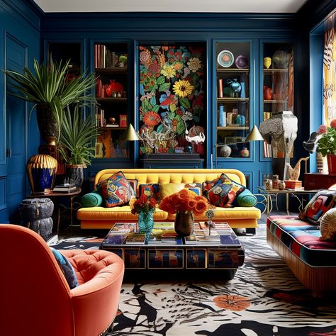 Navy Maximalist Living Room, Brown Leather Couch Colorful Living Room, Jewel Tone Living Room Color Pallets, Jewel Tone Maximalist Living Room, Jewel Tone Boho Bedroom, Coastal Maximalist Decor, Pops Of Colour Living Room, Renter Friendly Maximalism, Blue Maximalist Bedroom