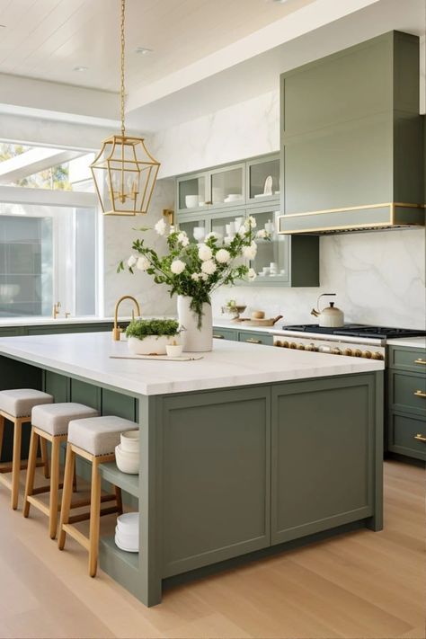 Farrow And Ball Treron, Green Painted Rooms, Kitchen Cupboard Colours, Farrow And Ball Kitchen, Jade Design, Sage Green Kitchen, Farrow And Ball, Green Cabinets, Japanese Interior