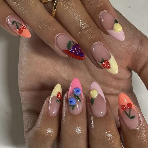 Nails Fruits Design, Fruits Nails Design, Summer Nail Designs 2020, Farmers Market Nails, Fruit Salad Nails, Winery Nails, Nails Fruit Design, Fruit Acrylic Nails, Italian Summer Nails