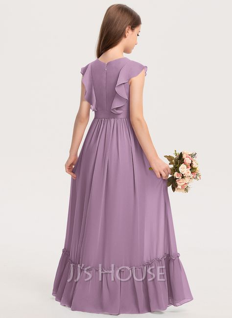 A-Line Scoop Neck Floor-Length Chiffon Junior Bridesmaid Dress With Bow(s) Cascading Ruffles (009208605) - JJ's House Chiffon Short Gown, Chiffon Short Gown Styles, Junior Bridesmaid Dress, Cascading Ruffles, Short Gowns, Kids Gown, Kids Fashion Dress, Chiffon Dress Long, Long Frocks