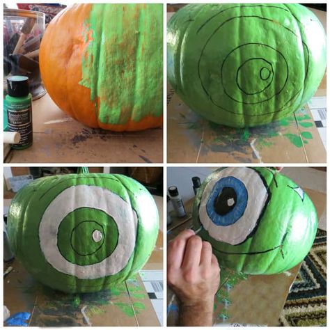 Monster Inc Pumpkin Ideas, Mike Wazowski Painting, Monsters Inc Pumpkin Carving, Monsters Inc Pumpkin, Mike Wazowski Pumpkin, Craft Pumpkin Carving, Cute Painted Pumpkin Ideas, Book Character Pumpkins, Halloween Pumpkin Crafts