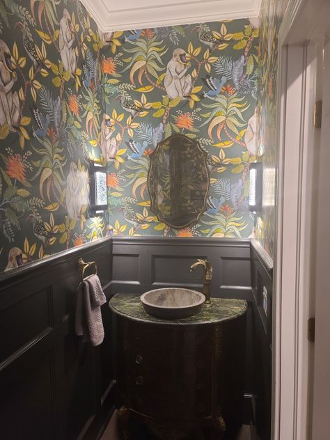 Monkey animal wall paper wainscoting guest bathroom Downstairs Toilet Ideas Quirky, Downstairs Toilet Ideas, Art Deco Bathrooms, Small Downstairs Toilet, Toilet Ideas, Toilet Room Decor, Monkey Wallpaper, Art Deco Bathroom, Luxury Tile