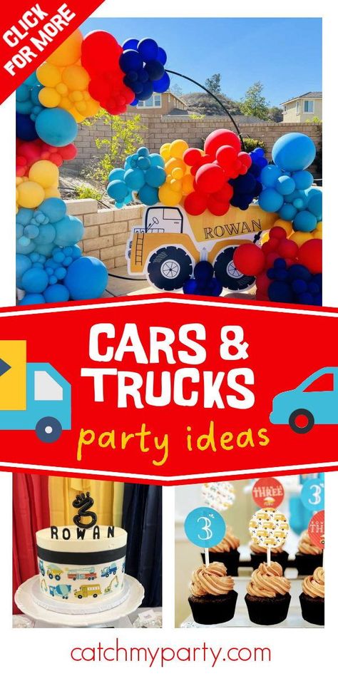 Trucking Birthday Party Ideas, Traffic Jam Birthday Party, Transportation Birthday Food Ideas, Truck Theme 1st Birthday Party, Vehicle First Birthday Party, Transportation Second Birthday Party, Vehicle Balloon Decorations, Truck Balloon Decorations, Vehicles 2nd Birthday