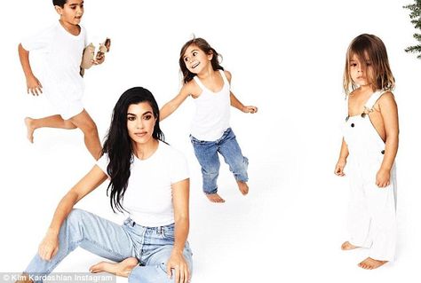 Kardashian Christmas Card, Kardashian Christmas, White Tee And Jeans, White And Denim, Khloe Kardashian And Tristan, Jenner Girls, Penelope Disick, Sister Poses, Kardashian Kids