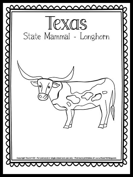 Texas Coloring Page - State Mammal: The Longhorn {Free Printable} - The Art Kit Texas State Symbols Printable, Texas Symbols Kindergarten, Texas Coloring Pages, Texas Symbols, State Project, Painted Bricks, Texas Crafts, Texas Theme, State Crafts