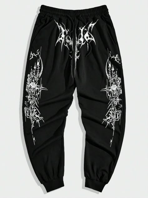 Black  Collar  Fabric Floral,Graphic,Halloween Jogger Embellished Non-Stretch  Men Clothing Japanese Harem Pants, Street Wear Joggers, Gothic Streetwear Men, Black Jogging Bottoms, Goth Sweatpants, Street Wear Male, Graphic Joggers, Jogging Style, Goth Pants