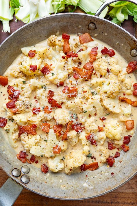 Creamed Cauliflower (aka Creamy Garlic Parmesan Cauliflower with Bacon) Cream Cauliflower, Creamed Cauliflower, Garlic Parmesan Cauliflower, Recipes Cauliflower, Parmesan Cauliflower, Closet Cooking, Bacon Cauliflower, Salad Cream, Thanksgiving Side