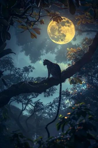 ↑↑↑ Larger size on website 🔸 A lone leopard sits on a branch in a jungle at night, illuminated by the full moon. The scene is pea 🔸 From Midjourney AI Image Animals At Night, Jungle At Night, Bright Moon, Room Vibes, Orange Moon, Moonlit Sky, Art Matters, The Full Moon, The Scene