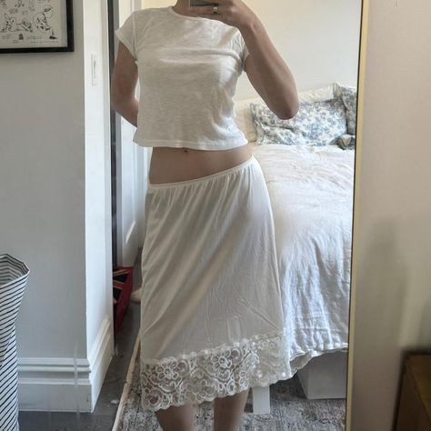 Vintage Cream silk and lace midi slip skirt. No tags... - Depop Midi Slip Skirt, Cream Skirt, Silk And Lace, Half Slip, Cream Silk, Lace Slip Dress, Slip Skirt, Skirt White, Lace Slip