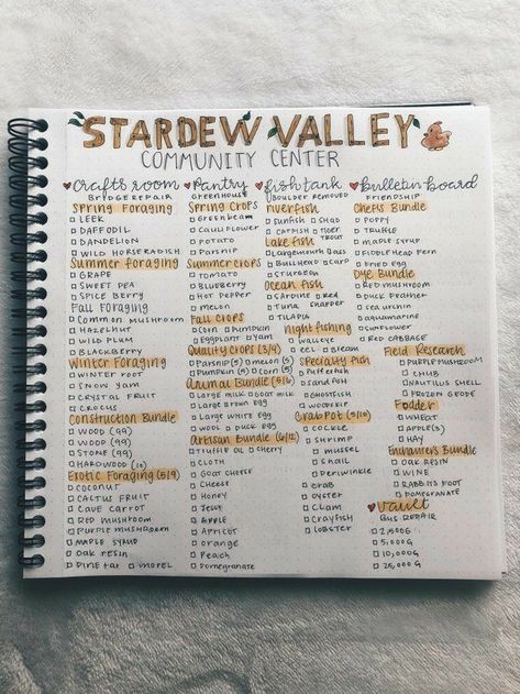 Gaming Journal, Stardew Valley Layout, Stardew Valley Tips, Stardew Valley Farms, Bullet Journal Cover Ideas, Terraria, Community Center, Harvest Moon, Stardew Valley