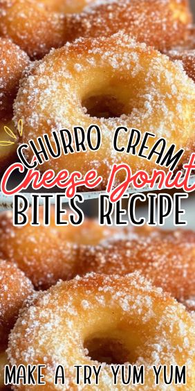 Churro Cream Cheese Donut Bites Cream Cheese Donut Glaze, Churro Cheesecake Donut Cookies, Cream Cheese Donut, Mini Donut Recipe, Cheese Donut, Donut Bites, Cream Cheese Homemade, Mini Donut Recipes, Churro Donuts