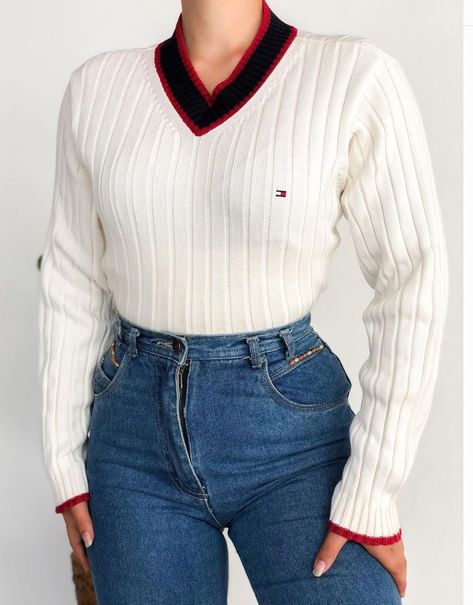 Ribbed Black, Red and White Tommy Hilfiger Jumper Tommy Hilfiger Polo Women, Tommy Outfits Women, Tommy Hilfiger Outfits Women Winter, 90s Tommy Hilfiger Outfit, Tommy Hilfiger Sweater Outfit, Tommy Hilfiger Women Outfit, Polo Outfit Women's, Tommy Hilfiger Outfits Women, Tommy Hilfiger Aesthetic