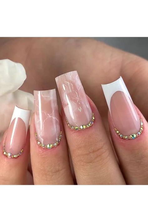 French Tip Press on Nails White Medium Square Fake Nails with Pink Marble Design Acrylic Gel Glue on Nails for Wedding Birthday Stick on Nails with Glue Manicure False Nails for Women 24Pcs Bow Designs, Pink Coffin, Red And White Roses, Manicure Tips, Coffin Press On Nails, Nails Set, Ballerina Nails, Nail Supplies, Fake Nail