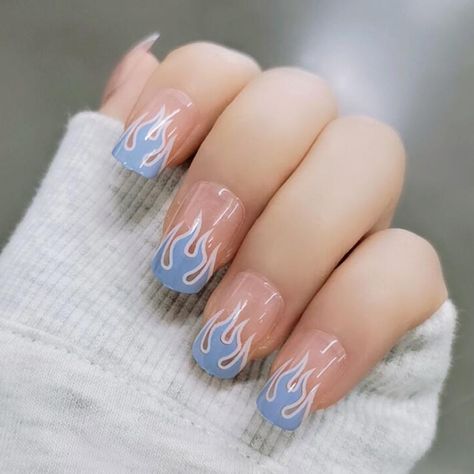 Blue Flame Nails, Flame Nails, Pattern Nail Art, Flame Nail Art, Grey Nail Designs, Flame Pattern, Purple Flame, White French Tip, Fire Designs