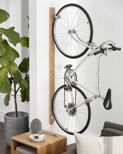 ARTIFOX on Instagram: “The RACK—perfect resting spot for your bicycle constructed from solid hardwood and powder coated steel.” Wood Bike Rack, Kids Bike Storage, Vertical Bike Rack, Wall Mount Bike Rack, Bike Hanger, Wood Bike, Vertical Bike, Bicycle Decor, Bike Storage