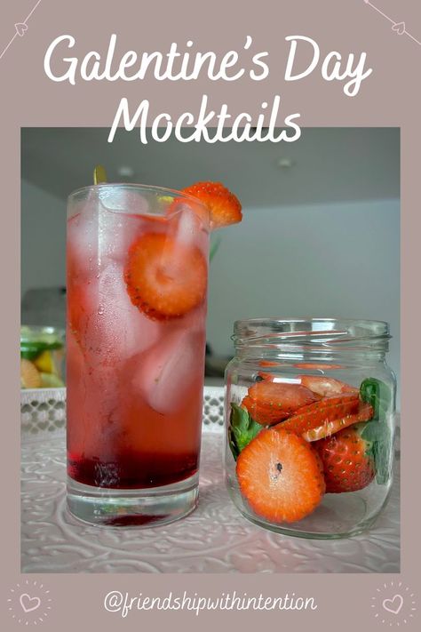 a Shirley temple mocktail in a tall glass as the background and a jar of strawberries sitting next to it with the pin title: Galentine's Day Mocktails Beauty Of Friendship, Easy Mocktail Recipes, Mocktail Recipes, Mocktail Recipe, Day Party, Non Alcoholic Drinks, Non Alcoholic, Mocktails, Recipe Using