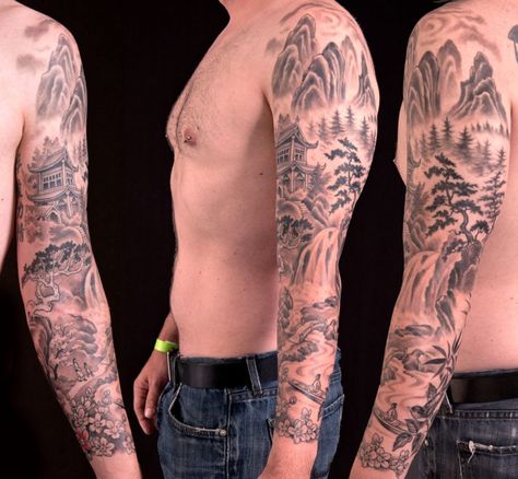 Realism Sleeve Tattoo, Realism Sleeve, Mountain Sleeve Tattoo, Tattoo Trees, Waterfall Tattoo, Mangas Tattoo, Torso Tattoos, Realistic Tattoo Sleeve, Constellation Tattoo