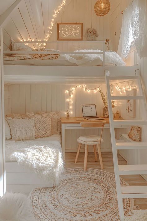 Teenager Bunk Bed Ideas, Room Ideas For Loft Beds, Cozy Reading Bedroom Aesthetic, Room Decor Ideas Lights, Girls Boho Room Ideas, Girl Bedroom Designs Aesthetic, Cute Loft Room Ideas, Aesthetic Room Inspiration Cozy, Medium Sized Room Ideas