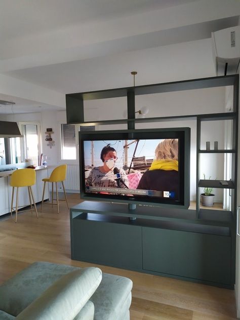 Tv Wall In The Middle Of Living Room, Living Room Tv In The Middle Of The Room, Big Narrow Living Room, Tv Rack Divider Living Rooms, Tv As Room Divider, Media Wall Room Divider, Divider Wall Ideas With Tv, Living Room Divider With Tv Unit, Tv In The Middle Of The Room