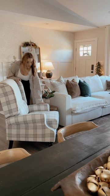 Jordan Yeatts Home on Instagram: "How perfect is this new accent chair from @hulala_home? #ad I love this classic gray plaid print, and adding it to our living space really helped cozy up the room. It also has the convenience of being a recliner, without looking like one 😍 You can use my code JORDAN20 for 20% off through December 15th - link is in my bio to shop! #homedecor #homedecorating #christmasdecor #holidaydecor #blackfriday #christmasdecorating #cozyhome #cozystyle #neutralhome #neutraldecor #neutralstyle #cozy #livingroom #livingroomdecor" Plaid Living Room Chair, Plaid Armchair Living Room, Plaid Accent Chair, Plaid Chairs Living Room Farmhouse, Plaid Lounge Chair, Plaid Living Room, Plaid Sofa Overstock Red, Gray Plaid, Neutral Fashion