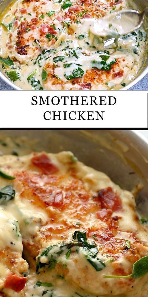 This smothered chicken recipe has juicy fried chicken breasts with gravy and crispy bacon. This is the BEST family dinner idea to make with chicken breasts. Smothered Chicken Recipe, Smothered Chicken Recipes, Smothered Chicken, Fried Chicken Breast, Chicken Recipes Casserole, Chicken Dishes Recipes, Poultry Recipes, Chicken Dinner Recipes, Chicken Breast Recipes