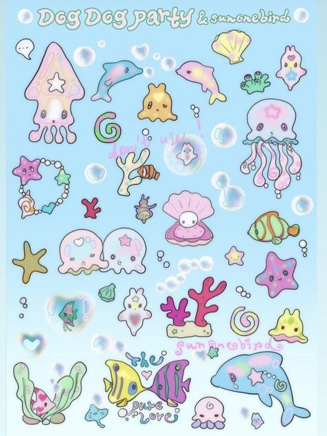 Kawaii Ocean Animals, Squid Drawing Cute, Sea Animal Doodles, Kawaii Sea Creatures, Sea Animal Stickers, Turtle Doodle, Fish Kawaii, Sea Stickers, Ocean Stickers