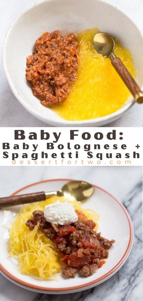 Homemade beef baby food: A recipe for bolognese beef sauce over spaghetti squash noodles. Baby Bolognese for your little one is a stage 2 meat puree. A perfect meal for baby led weaning! #stage2babyfood #babyledweaning #blw Pureed Meat Baby Food, Blw Spaghetti, Pasta Recipes For Babies, Beef Bolognese Recipe, Meat Baby Food, Ground Sausage Recipes, Homemade Meat Sauce, Beef Pasta Recipes, Easy Baby Food Recipes