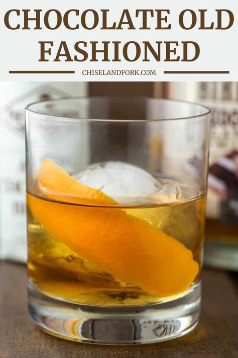 By adding chocolate bitters and chocolate whiskey, this chocolate old fashioned is a unique twist on a classic cocktail. #chocolateoldfashioned #oldfashioned #cocktail | chiselandfork.com Chocolate Whiskey Cocktail, Old Fashioned Recipes Cocktail Twists, Chocolate Old Fashioned Cocktail, Chocolate Bitters Cocktail, Chocolate Old Fashioned, Chocolate Bitters, Boozy Treats, Bourbon Smash, Bourbon Recipes