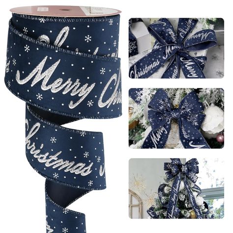 PRICES MAY VARY. Pattern Designs: This Christmas ribbon with glitter silver word "Merry Christmas" print on navy blue velvet ribbon, ideal for crafting bows, decorating trees, and adding a touch of enegant and luxury to your Christmas holiday projects Size and Package: This Christmas wired ribbon measures 2.5 inch wide and 10 yards (30 feet ) continuous long each roll, can be used for a variety of holiday projects Material: Ribbon features a velvet texture from metallic threads woven throughout Blue Christmas Tree Decorations Ideas, Navy Blue And Gold Christmas Decor, Blue Christmas Ribbon, Ribbon For Tree, Blue Christmas Tree Decorations, Blue Velvet Ribbon, Christmas Velvet, Decorating Trees, Christmas Wired Ribbon