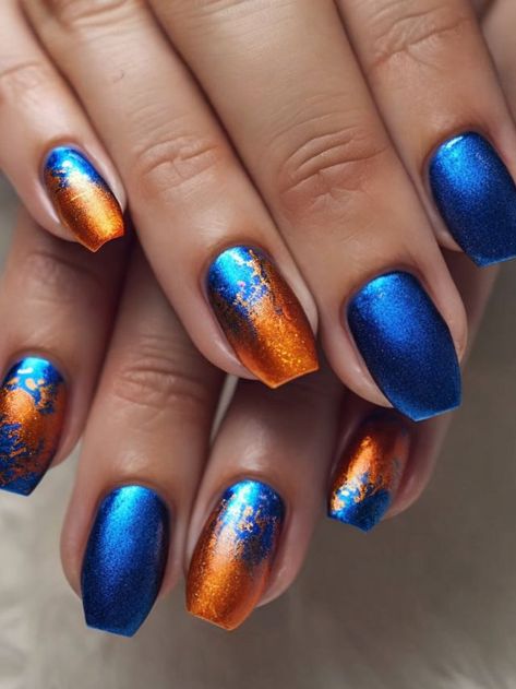 55+ Blue and Orange Nail Designs and Ideas | Sarah Scoop Navy Blue And Orange Nails, Navy And Orange Nails, Orange And Blue Nails, Orange Nail Art, Orange Acrylic Nails, Halloween Manicure, Orange Nail Designs, Light Blue Nails, Nail Pops