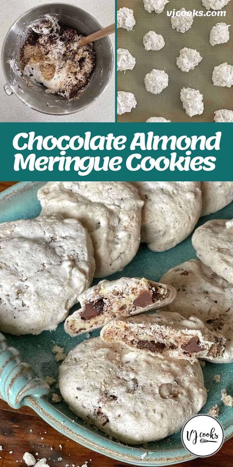 Crunchy and chewy chocolate almond meringue cookies made from egg white, sugar, vinegar, salt, chocolate and almonds. These cookies look so unassuming on the outside, then you bite into them and see what all the fuss is about! The chopped almonds give the centre a chewy and crunchy texture - not quite a macaron, not quite a meringue but totally delicious. Use at least 50% cocoa chocolate to balance out the sweet meringue. #vjcooks #chocolateandalmonds #meringuecookies Almond Meringue Cookies, Paleo Meringue Cookies, Meringue Cookies With Chocolate Chips, Egg White Cookies Meringue, Forgotten Cookies Meringue, Lemon Curd Pavlova, Almond Meringue, Gluten Free Almond Cookies, Vj Cooks