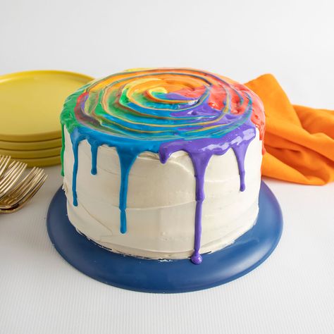 Rainbow Drip Tie-Dye Cake | Ready Set Eat Tie Dye Drip Cake, Cake Frosting Tips, Tie Dye Cake, Frost Cupcakes, Purple Food Coloring, Ready Set Eat, Easy Frosting, Cold Cake, Frosting Colors