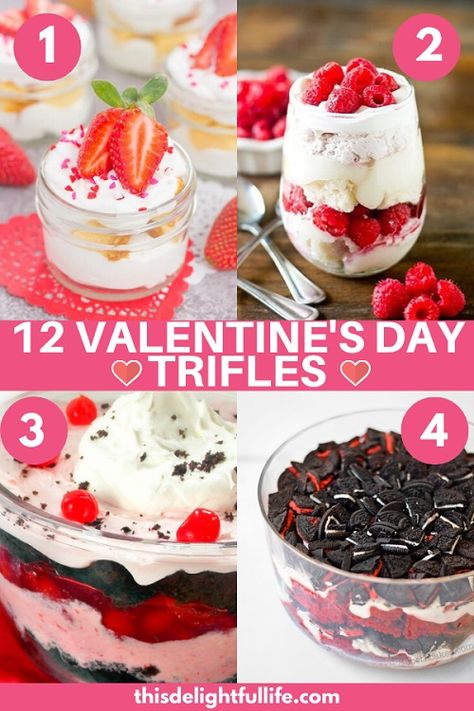 Enjoy these quick and easy Valentine's day trifles this Valentine's day! Simple and easy to make but super delicious and great for all ages! Valentines Day Potluck Ideas Food, Valentine Parfait Desserts, Valentine’s Day Parfait, Valentine’s Day Desserts For A Crowd, Valentine’s Day Trifle Dessert, Valentine Easy Desserts, Valentine Trifle Desserts, Valentine's Dessert Ideas, Valentine’s Day Trifle