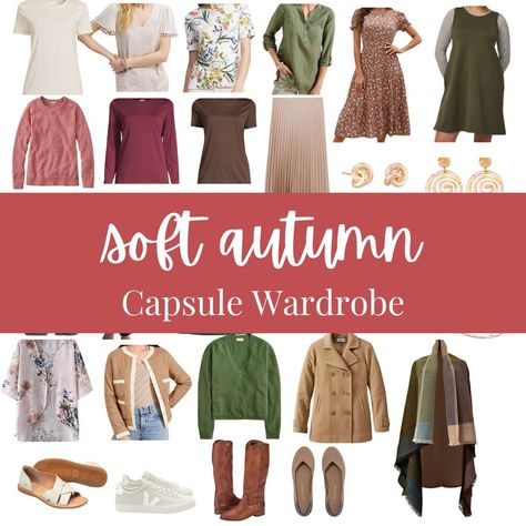 SOFT AUTUMN CAPSULE WARDROBE 7 tops in warm, soft colors 4 bottoms + 2 dresses perfect for Soft Autumn 5 completer pieces to style 4 pair of varied neutral shoes 8 muted and warm accessories Want to learn more about Soft Autumn (or any season)? Comment “EXPLORE” to get the link. #softautumn #softautumncolors #softautumnpalette #softautumnlook #softautumninspo #autumncapsulewardrobe #coloranalysis #seasonalcoloranalysis #12seasons #capsulewardrobe #capsulewardrobechallenge #capsulewardrobeb... Soft Autumn Fall Capsule Wardrobe, Soft Autumn Basics, Soft Autumn Accessories, Soft Autumn Casual Outfits, Soft Autumn Capsule Wardrobe 2024, Soft Autumn Romantic, Soft Autumn Winter Outfits, Soft Autumn Capsule, Soft Autumn Clothes