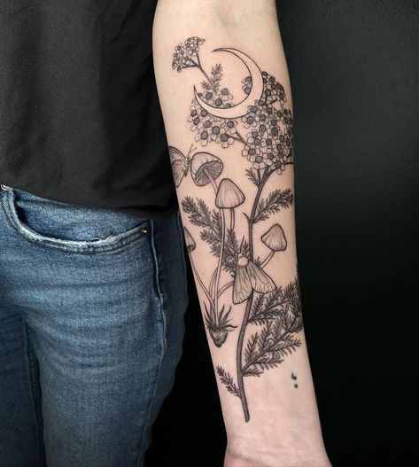 Wild Mushroom Tattoo, Witchy Cottagecore Tattoo, Forestry Tattoos, Mushroom Sleeve Tattoo, Forest Floor Tattoo, Botany Tattoo, Cottagecore Tattoo, Herb Tattoo, Nature Tattoo Sleeve