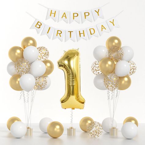 PRICES MAY VARY. 【VALUABLE PACK】32pcs One Balloon for First Birthday Kit include: 40inch gold 1 balloon, white gold HAPPY BIRTHDAY banner,12pcs 12inch gold balloons, 12pcs 12inch white balloons, 8pcs gold confetti balloons. 【PREMIUM MATERIAL】White gold balloons set are made of high-quality and Eco-Friendly natural foil and latex balloons, thick and durable.These birthday balloons can be filled with air. 【WIDE APPLICATION】 The 1st birthday decorations is perfect for any party decorations, baby sh One Year Old Birthday Party, First Birthday Decorations Boy, Number 1 Balloon, Golden Birthday Parties, Gold First Birthday, 1 Balloon, Boy Birthday Decorations, Gold Confetti Balloons, One Balloon