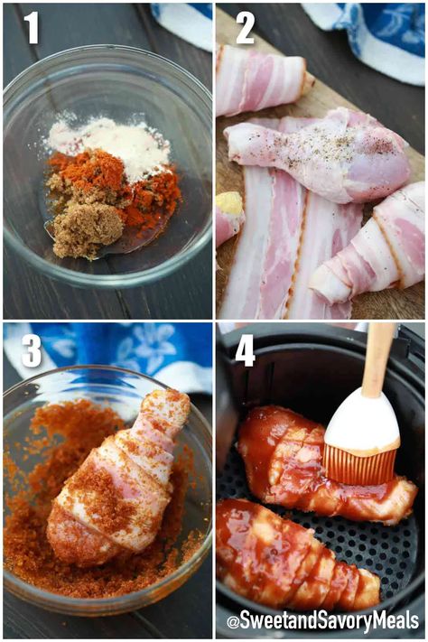 Air Fryer Bacon Wrapped Chicken Drumsticks - Sweet and Savory Meals Bacon Wrapped Chicken Drumsticks, Air Fryer Bacon Wrapped Chicken, Slow Cooker Corn Casserole, Wrapped Pork Tenderloin, Bacon Wrapped Green Beans, Healthy Fried Chicken, Bacon Wrapped Chicken Breast, Bbq Chicken Wraps, Air Fryer Bacon