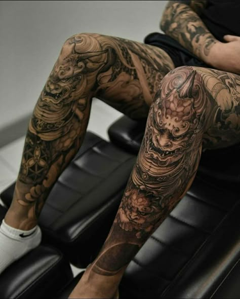 Tattoo Japonais, Calf Tattoo Ideas, Japanese Leg Tattoo, Koi Tattoo Sleeve, Real Tattoos, Oni Tattoo, Japanese Legs, Flash Designs, Full Leg Tattoos