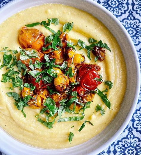 Summer Polenta Recipes, Polenta Tomato Sauce, Burrata And Cherry Tomatoes, Polenta Caprese, Polenta Dishes, Creamy Parmesan Polenta, Blistered Cherry Tomatoes, Veggie Rice Bowl, Dill Potatoes