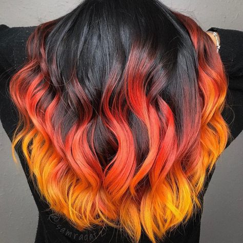 Straight fire by @samradatz! 🔥🔥🔥⁣ Get a similar hot look by fading Poison into Cosmic Sunshine! ⁣ ⁣⁣ #afpoison #afcosmicsunshine #firehair… Fire Hair Color, Flame Hair, Yellow Hair Color, Sunset Hair, Fire Hair, Vivid Hair Color, Hair Color Streaks, Hair Color Crazy, Short Hair Color