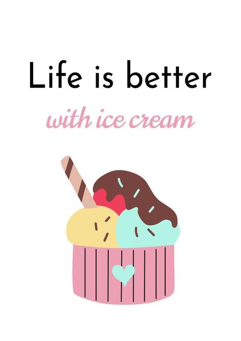 A positive postcard with ice cream and a quote. Vector design for a cafe poster or for stationery design Ice Cream Poster Design, Ice Cream Quotes, Cafe Poster, Poster Cafe, Cream Poster, Ice Cream Poster, Cafe Posters, Ice Cream Day, Good Morning Inspirational Quotes