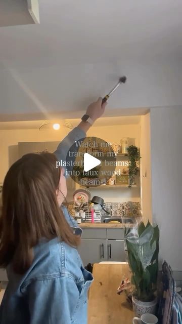 Frenchic Paint ❤️ on Instagram: "Your guests would never know!! 😉 Looking to transform a plasterboard beam into a rustic faux wooden beam? It's easy with this Frenchic product duo! Steal inspiration from Frenchic Fan Lara (over at @laralear) who gave her kitchen a more country cottage feel with our infamous hack! 🤍🌾 After distressing the surface and adding scrapes, scratches and scuffs, Melissa went in with our classic cream shade 'Crème de la Crème' from The Lazy Range as her base. Finishing with our 'Browning Wax' to add an aged rustic look and create that oak-look finish!

Pop any questions below! 👇" Frenchic Browning Wax Stairs, Frenchic Browning Wax Hack, Faux Wooden Beams, Wooden Beam, Frenchic Paint, Wooden Beams, Wood Beams, Browning, Infamous