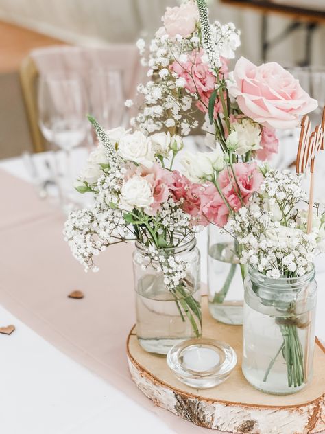 Flowers in milk bottles Table Decorations Pink And White, Pink Theme Engagement, Wedding Centerpieces Blush Pink, Blush Pink Engagement Party, Pink And Sage Floral Arrangements, Pink Floral Wedding Centerpieces, Pale Pink Wedding Decor, Pale Pink Bridal Shower Ideas, Pink December Wedding