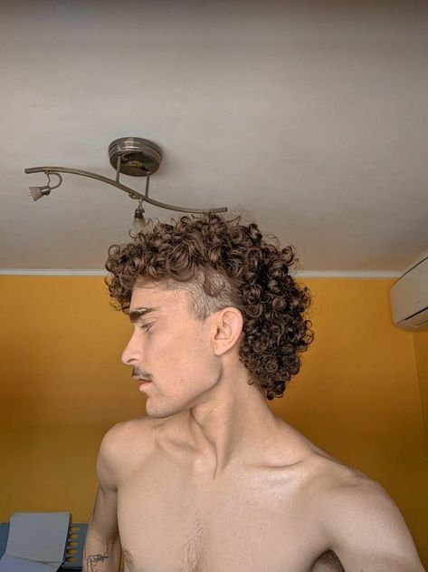 Curly Mullet Men Aesthetic, Male Mullet Aesthetic, Curly Men Mullet, Mullet Aesthetic Men, Curly Hair Men Aesthetic, Man Curly Haircut, Men’s Long Curly Hair Styles, Curly Men Hair, Short Curly Haircuts Men